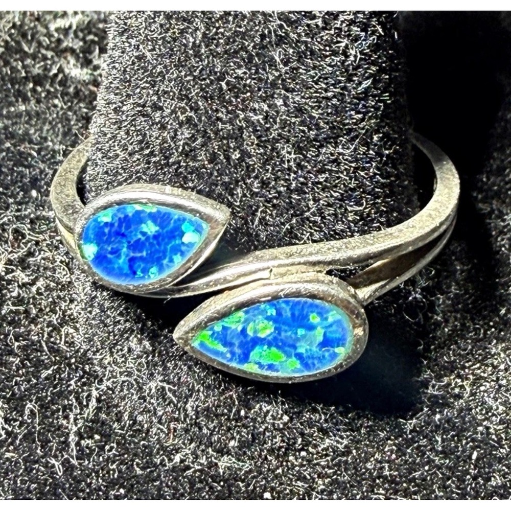 925 Sterling Silver Blue Fire Opal Bypass Ring Size 10.75 Pear Cut Inlay Wrap